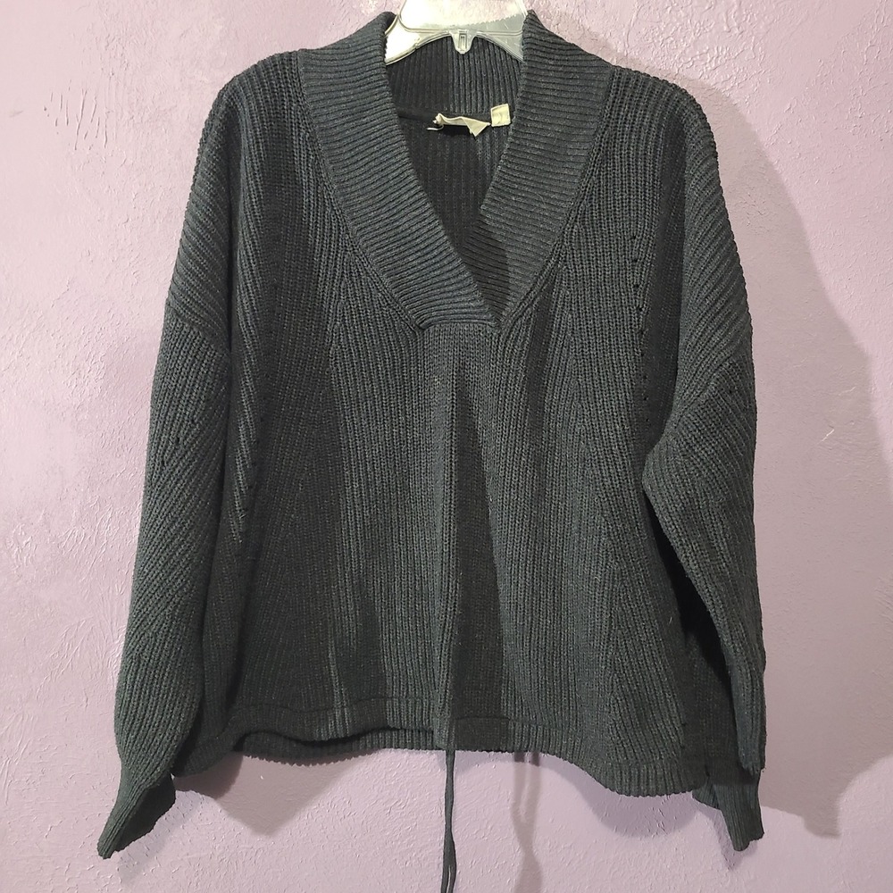 RD Style Ribbed Sweater Womens L Charcoal Chunky Knit V Neck Drawstring Hem Cozy